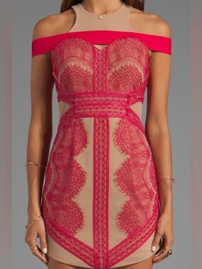 Three Floor Mischief Dress Hot Pink Nude Lace Cutout XS